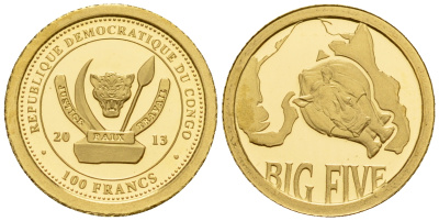 Конго 100 франков 2013 серия большая пятерка, носорог золото PROOF 00-804-33