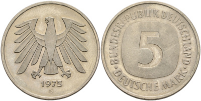 ФРГ 5 марок 1975 G, монетный двор Карлсруэ КМ 140.1, J. 415 медно-никель плакированный никелем UNC 4185-116