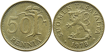 ФИНЛЯНДИЯ 50 ПЕННИ 1978 К KM 48 алюминиевая бронза 4364-2714