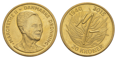 Дания 20 крон 2015 75 лет со дня рождения Королевы Маргрете II KM 964 алюминиевая бронза UNC 4648-314