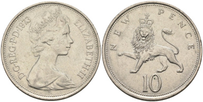 Великобритания 10 пенсов 1973 Елизавета II (1952-2022) KM 912, Spink 4231 (F1) медно-никель 4683-425