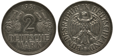 ФРГ 2 марки 1951 F J 386, KM 111 медно-никель плакированный никелем 3711-541