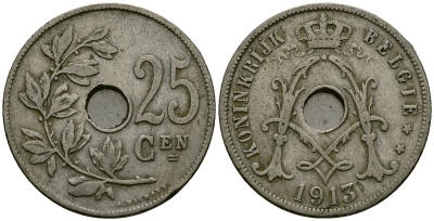 Бельгия 25 сантимов 1913 Belgie KM 69 медно-никель 4165-736