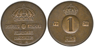 Швеция 1 эре 1970 U, Густав VI Адольф (1950-1973) KM 820 бронза 4387-147