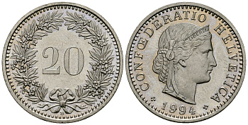 Швейцария 20 раппенов 1994 B KM 29a медно-никель 4171-1131