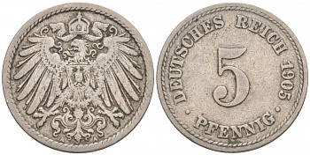 ГЕРМАНИЯ 5 ПФЕННИГОВ 1905 A, KM 11, J. 12 медно-никель 73-1758