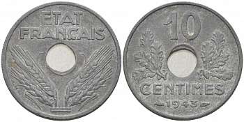 ФРАНЦИЯ 10 САНТИМОВ 1943 ПРАВИТЕЛЬСТВО ВИШИ KM 898.1 цинк UNC 1515-423