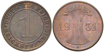 Германия 1 рейхспфенниг 1931 A KM 37, J. 313, Weege 2 бронза 206-841