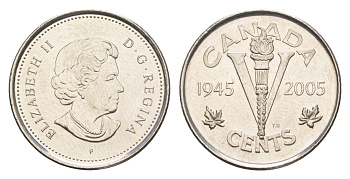Канада 5 центов 2005 60 лет победы во Второй мировой войне KM 627 никель UNC 4651-623