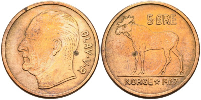 Норвегия 5 эре 1967 ЛОСЬ, Улаф V (1958-1991) KM 405 бронза 4571-827