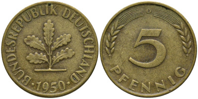 ФРГ 5 пфеннигов 1950 D KM 107 сталь плакированная латунью 4171-416