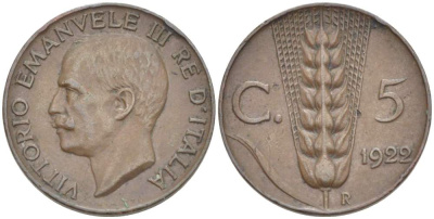 ИТАЛИЯ 5 ЧЕНТЕЗИМО 1922 R, МОНДВОР РИМ, ВИКТОР ЭММАНУИЛ III (1900-1946) KM 59 медь 4525-137