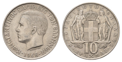Греция 10 драхм 1968 Константин II (1966-1973) KM 96 медно-никель 4607-344