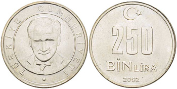ТУРЦИЯ 250000 ЛИР 2002 KM 1137 медь никель цинк UNC 202-531