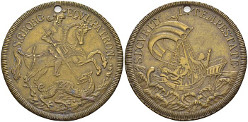 ГЕРМАНИЯ ЖЕТОН-ОБЕРЕГ НА УДАЧУ В МОРЕ ВТОРАЯ ПОЛОВИНА XIX ВЕКА АПОСТОЛЫ В ЛОДКЕ С ХРИСТОМ, ГЕОРГИЙ ПОБЕДОНОСЕЦ, ДИАМЕТР 41 ММ. жёлтый металл 1068-5-44