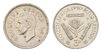 ЮАР 3 пенса 1950 Георг VI (1936-1952) KM 35.1 серебро 4549-627