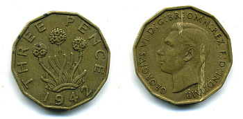 Великобритания 3 пенса 1942 Георг VI (1936-1952) KM 849, Spink 4112 никель латунь 89-725