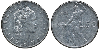 ИТАЛИЯ 50 ЛИР 1976 R, КУЗНЕЦ KM 95.1 нержавеющая сталь 72-526