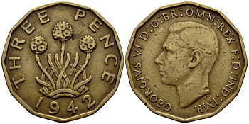 Великобритания 3 пенса 1942 Георг VI (1936-1952) KM 849, Spink 4112 никель латунь 4398-1145