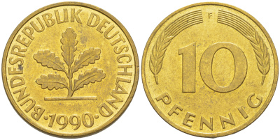 ФРГ 10 ПФЕННИГОВ 1990 F KM 108, J. 383 сталь плакированная латунью 4182-953