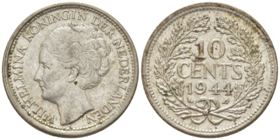 Нидерланды 10 центов 1944 Вильгельмина (1890-1948) KM 163 серебро aUNC 46-1214