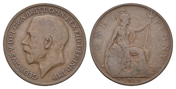 Великобритания 1 пенни 1919 Георг V (1910-1936) KM 810, Spink 4051 бронза 4661-624