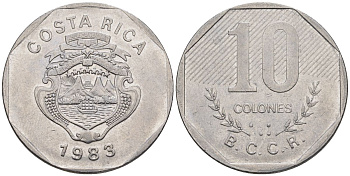 Коста-Рика 10 колон 1983 KM 215.1, Schoen 79 никель сталь 4517-111