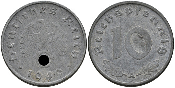 ГЕРМАНИЯ 10 РЕЙХСПФЕННИГОВ 1941 A J. 371, KM 101 цинк 75-225