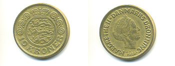 ДАНИЯ 10 КРОН 1989 NR; JP; A, МАРГРЕТЕ II (1972-) KM 867.1 алюминиевая бронза 179-232