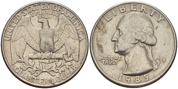 США 25 ЦЕНТОВ = КВОТЕР 1985 D, ВАШИНГТОН KM А164а медь плакированная медно-никелем 31-745