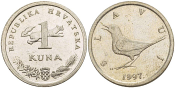 Хорватия 1 куна 1993 западный соловей, легенда на хорватском KM 9.1 медно-никель 4544-242