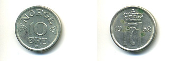 НОРВЕГИЯ 10 ЭРЕ 1952 KM 396 медно-никель 80-852