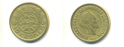 ДАНИЯ 10 КРОН 1989 NR; JP; A, МАРГРЕТЕ II (1972-) KM 867.1 алюминиевая бронза 179-232