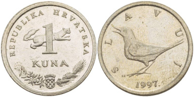 Хорватия 1 куна 1993 западный соловей, легенда на хорватском KM 9.1 медно-никель 4544-242