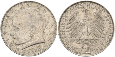 ФРГ 2 марки 1957 J , Макс Планк KM 116, J. 392 медно-никель плакированный никелем 4139-141