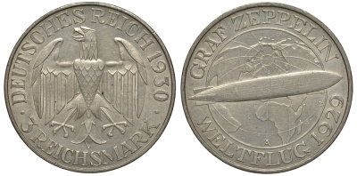 Германия 3 марки 1930 A, полет дирижабля граф Цеппелин J. 342, KM 67 серебро 413-4533