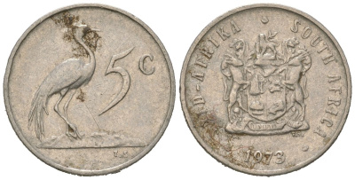 ЮАР 5 центов 1973 герб, райский журавль KM 84 никель 4618-436