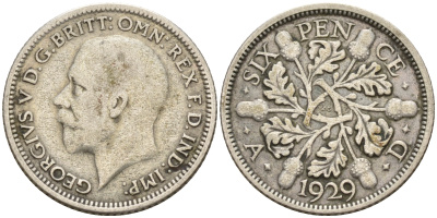 Великобритания 6 пенсов 1929 Георг V (1910-1936) KM 832, Spink 4040 серебро 4602-624