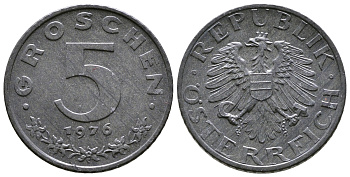 АВСТРИЯ 5 ГРОШЕЙ 1976 KM 2875 цинк UNC 57-1228