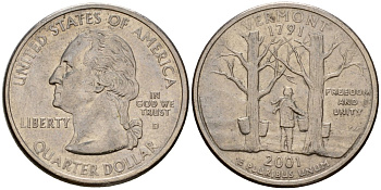 США 25 центов = квотер 2001 D, серия штаты США, Вермонт KM 321 медь плакированная медно-никелем 4603-1144