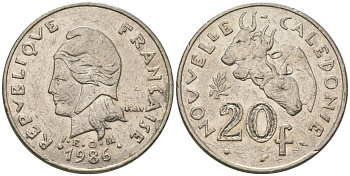 Французская Новая Каледония 20 франков 1986 три быка, (IEOM) KM 12, Schoen 14, Lec 112 никель 4123-446