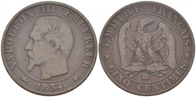 Франция 5 сантимов 1854 BB, Наполеон III (1852-1870) KM 777.3, LE FRANC 116.10 бронза 4448-1221