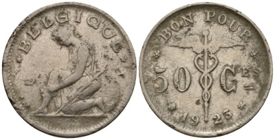 Бельгия 50 сантимов 1923 Belgique KM 87 никель 105-239