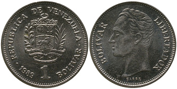 Венесуэла 1 боливар 1989 Симон Боливар KM 52a.2 сталь плакированная никелем 4529-125