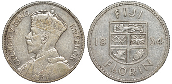 Фиджи 1 флорин 1934 Георг V (1910-1936), герб Фиджи KM 5 серебро 91-1244