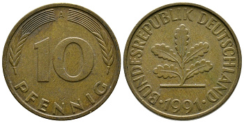 ФРГ 10 ПФЕННИГОВ 1991 A KM 108, J.383 сталь плакированная латунью 41-1041