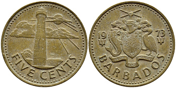Барбадос 5 центов 1973 маяк Саут-Пойнт KM 11 латунь 4398-447