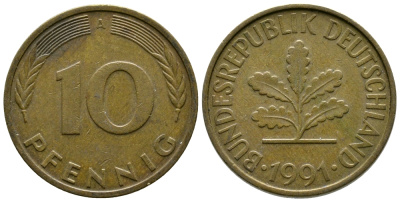 ФРГ 10 ПФЕННИГОВ 1991 A KM 108, J.383 сталь плакированная латунью 41-1041