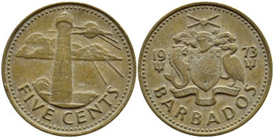 Барбадос 5 центов 1973 маяк Саут-Пойнт KM 11 латунь 4398-447