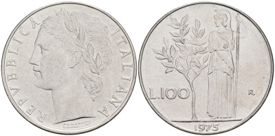 Италия 100 лир 1975 R, Афина KM 96.1 нержавеющая сталь 4117-333